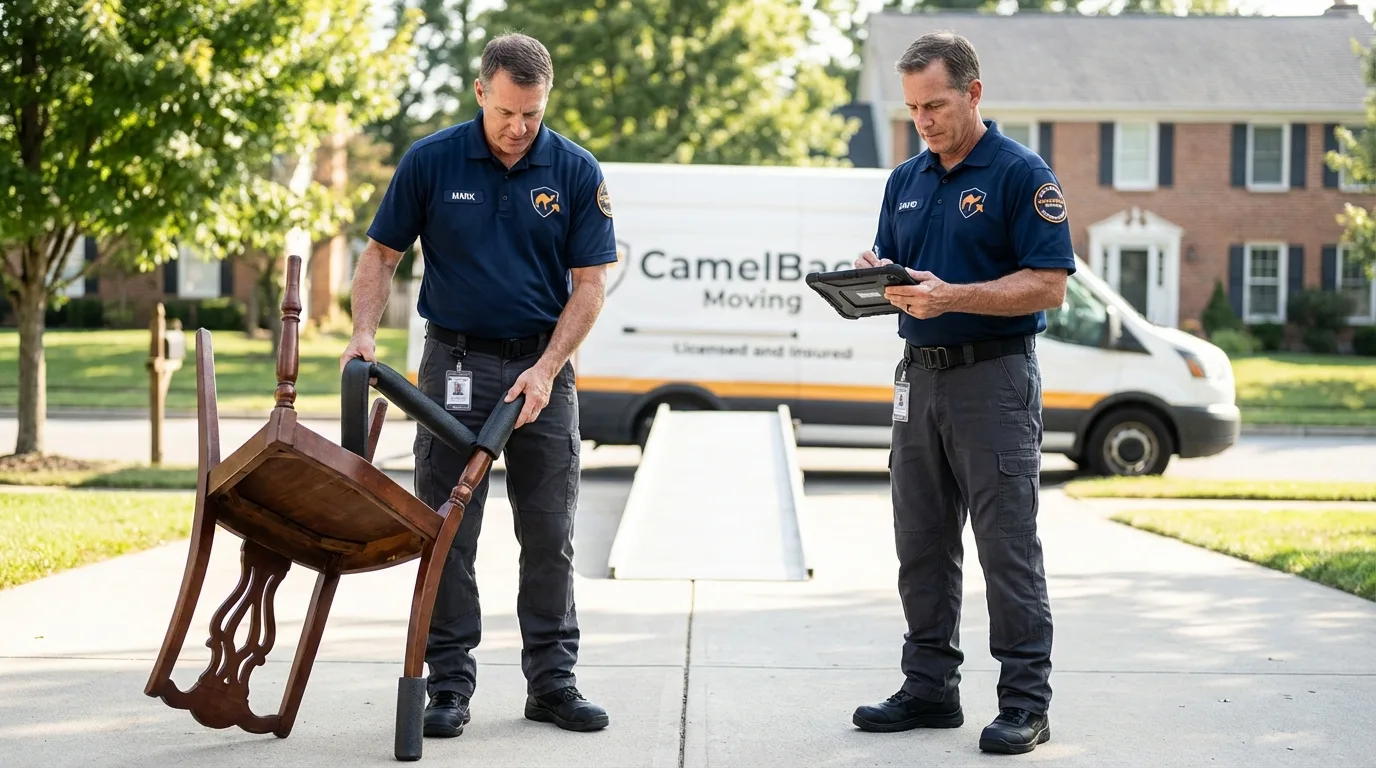 Movers inspecting furniture for damage prevention before loading in Anza, CA
