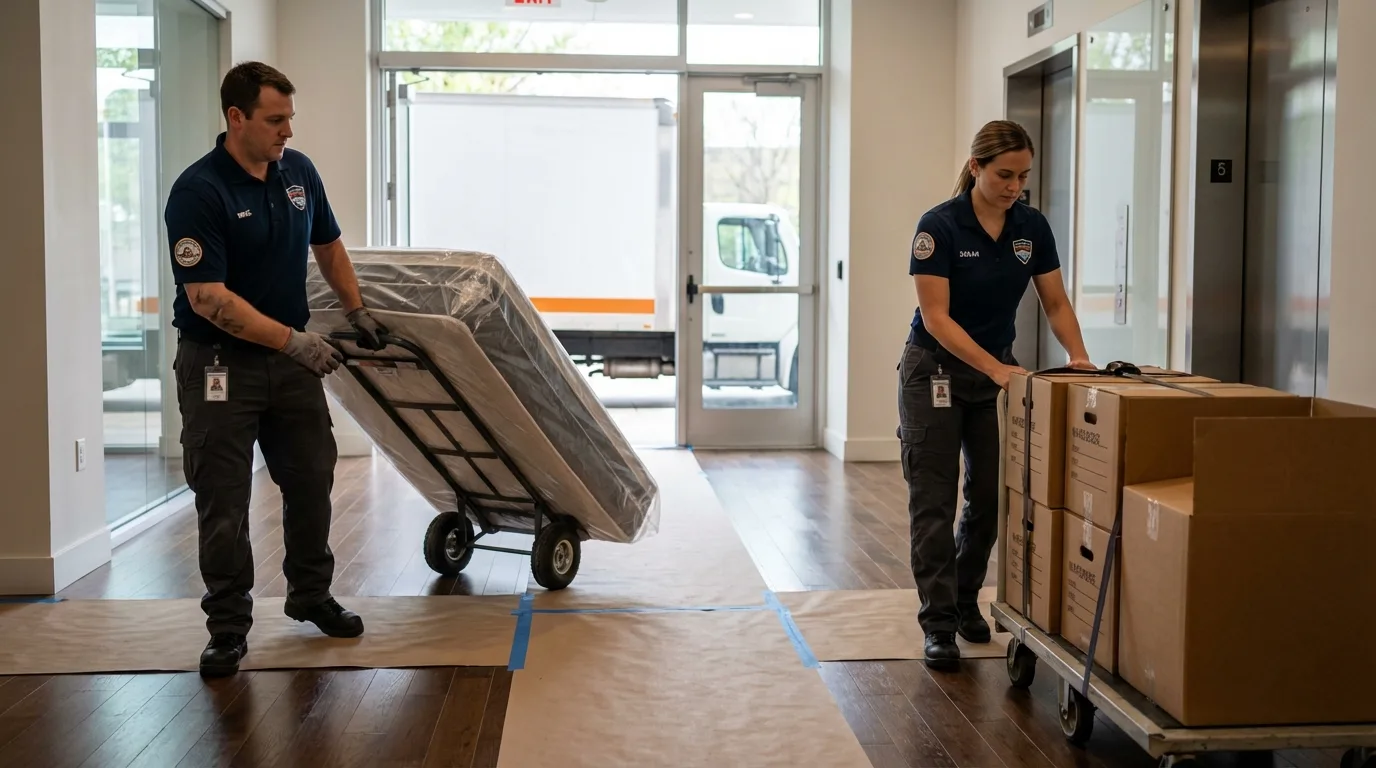 Professional apartment movers loading elevator in Anza, CA