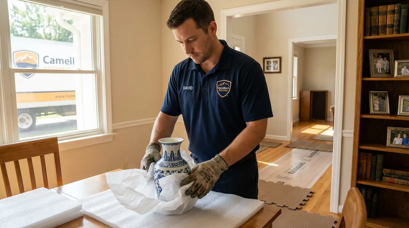 Professional crew carefully wrapping antique vase for senior downsizing move in Anza, CA
